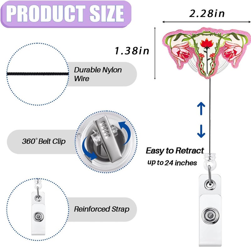 Bydevia Cute Floral Uterus Badge Reel Retractable for Labor and Delivery Nurse, Gynecology Badge Reel, L&D Badge Clip, Funny OB/GYN Ovaries Badge Holder with Alligator Clip & 24” Durable Nylon Cord - Image 2